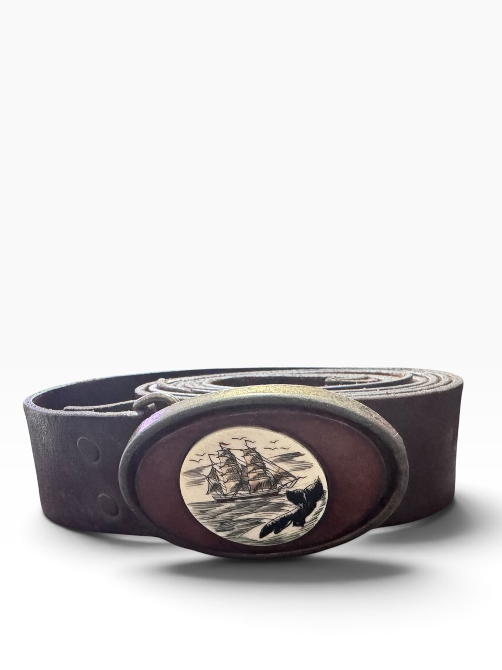 Vintage Genuine Cowhide Leather Belt 38-40 With Scrimshaw style & Whale Buckle